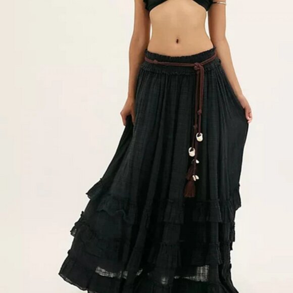 Free People FP One Brynn Maxi Skirt Smocked Tiered Ruffle Mid Rise Pull On - Picture 1 of 7